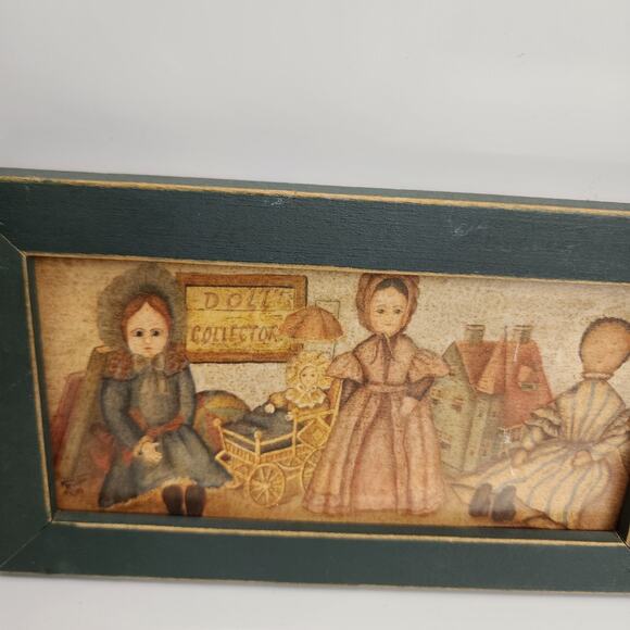 Primitive Dolls Print Framed 8" X 4.5" Doll Collector Folk Art Green Aged Frame - Picture 2 of 7